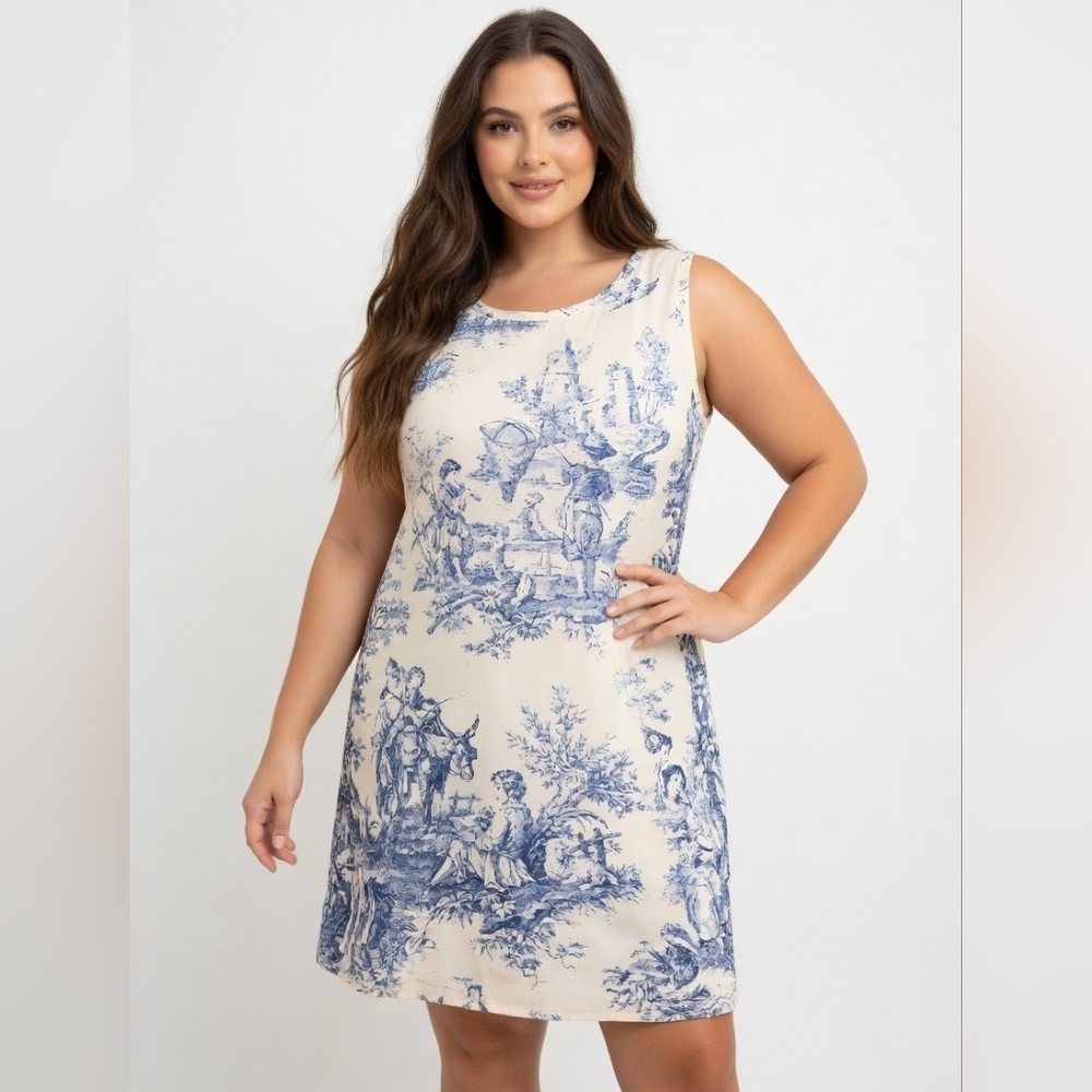 Blue White Toile De Jouy Sleeveless Shift Dress XL Toile Print Midi